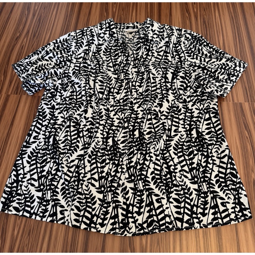 Allison Daley 100% Cotton Black White Botanical Leaf Blouse Coastal Nature Sz 18